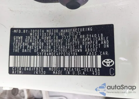 2023 Toyota Corolla Le z USA, uszkodzony, nr VIN 5YFB4MDE4PP016194